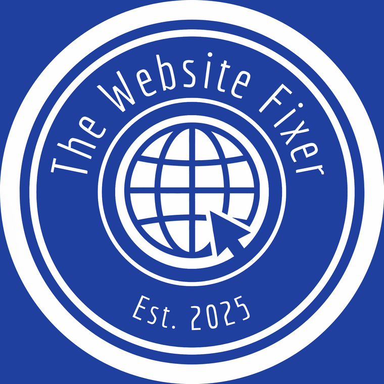 Logo of 'The Website Fixer' with a globe and arrow on a blue background