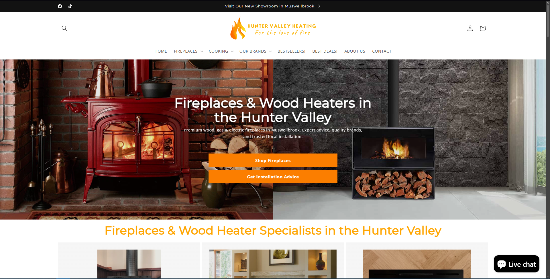 Hunter Valley Heating website design showcasing fireplaces and heating products in the Hunter Valley