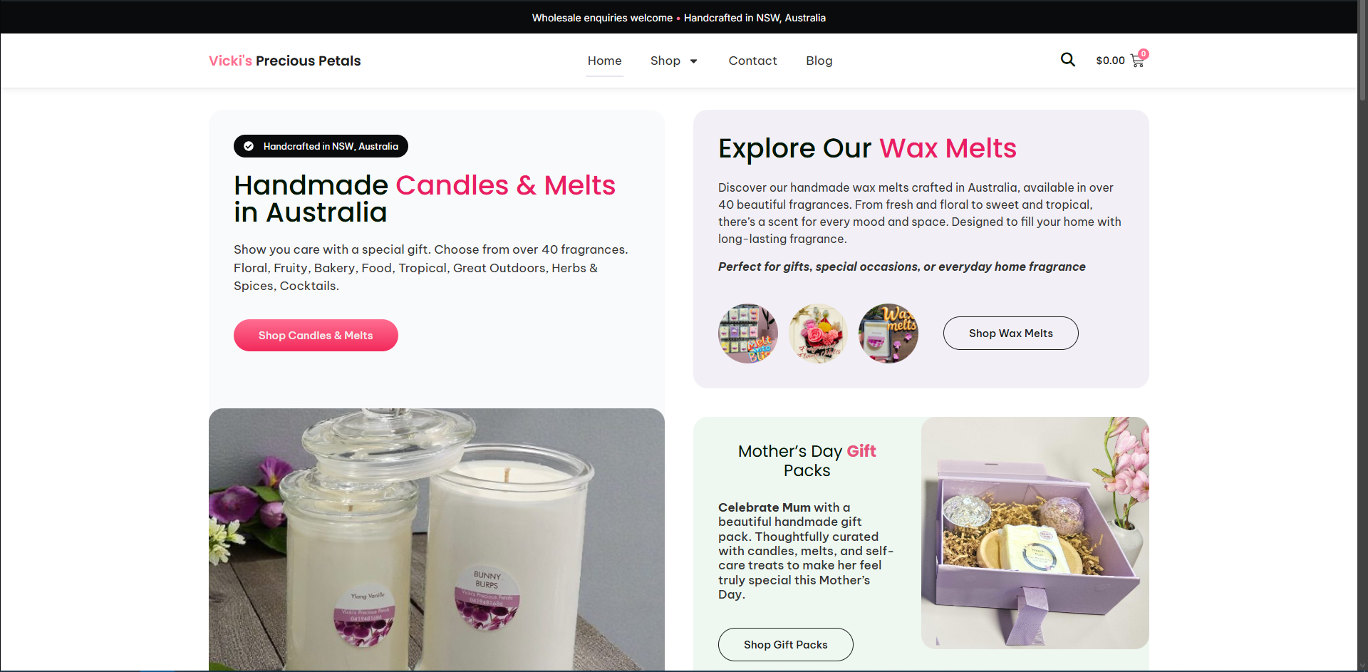 Vicki’s Precious Petals online store website design for candles and gifts in Muswellbrook